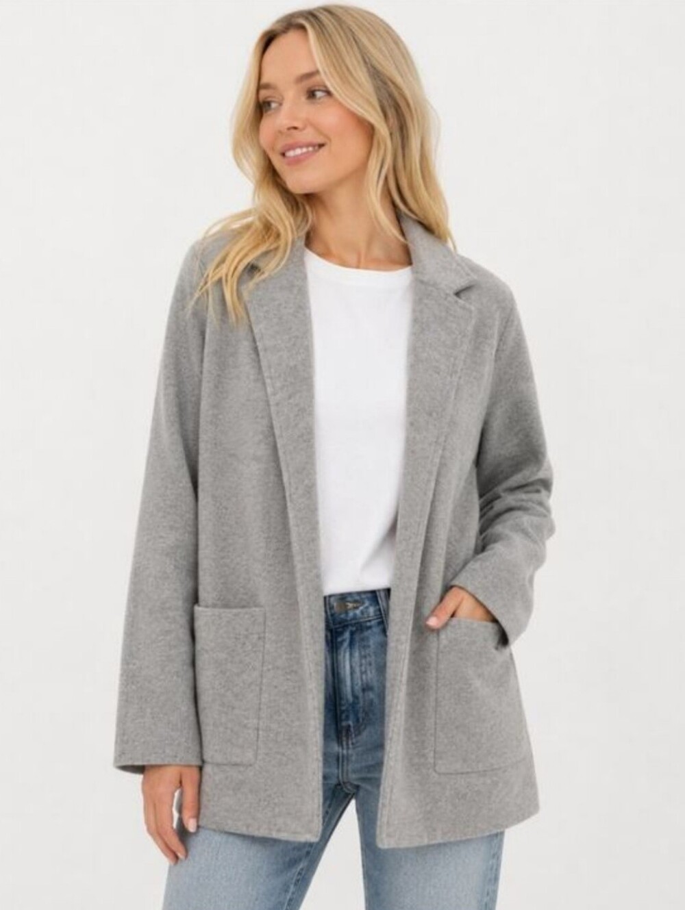 Magaschoni Cotton Wool Blend Gray Open Front Knit Sweater Blazer Size Large